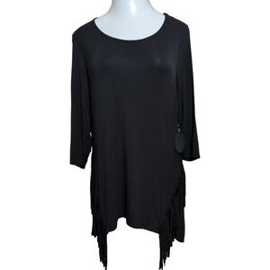 FRENCH BLUE Black Stretch Fringe Top 3/4 Sleeve Plus Size 2X